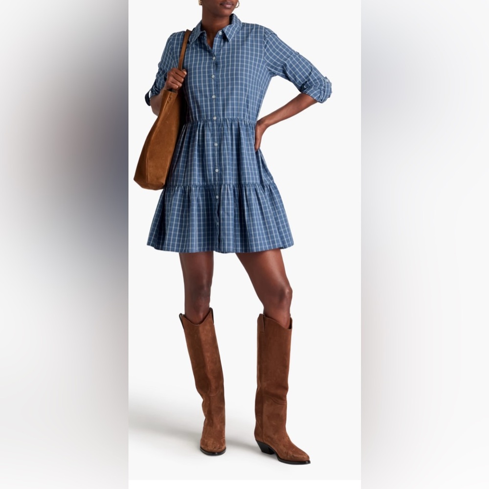 Veronica Beard Jamila Check Tiered Mini Dress - Storm Blue, Size Medium